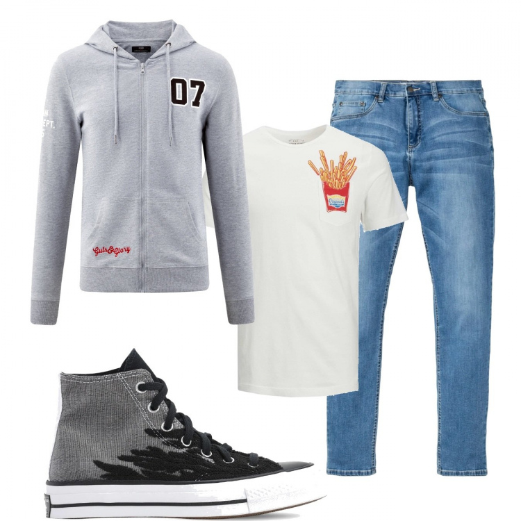 Outfit uomo - Casual #19741. Stile Casual per Tutti i giorni. Abbinamento con jeans, t-shirt, felpe con cappuccio, sneakers.