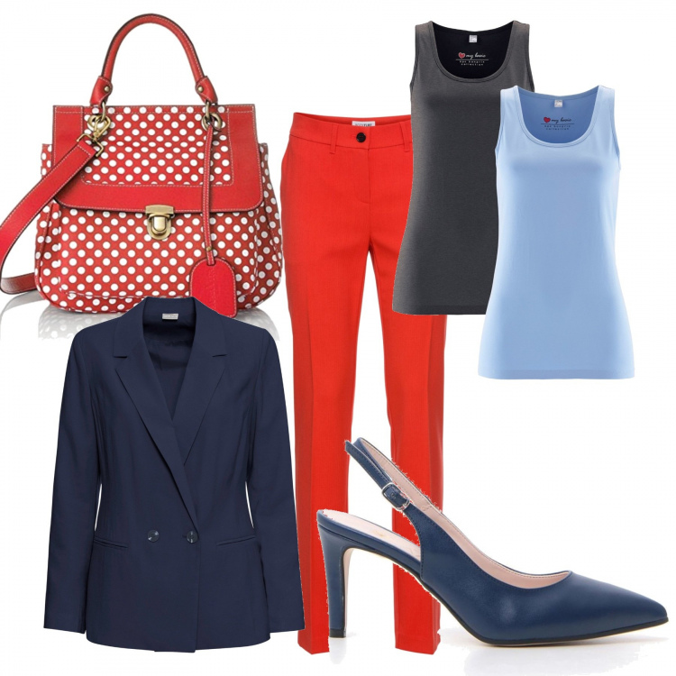 Outfit donna - Rosso e blu mi piaci tu.. Stile Trendy per Ufficio. Abbinamento con canottiere, pantaloni, blazer, décolleté, borse a spalla.