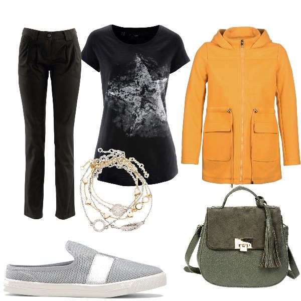 Outfit donna - guardaroba casual. Stile Basic per Tutti i giorni. Abbinamento con t-shirt, pantaloni chino, braccialetti con ciondoli, borse a spalla, mocassini, cappotti.