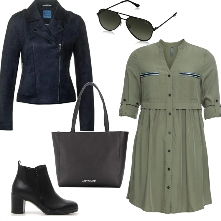 Outfit donna - Rock #5853. Stile Rock per Tutti i giorni. Abbinamento con vestiti chemisier, shopping bag, stivaletti, blazer, occhiali da sole.