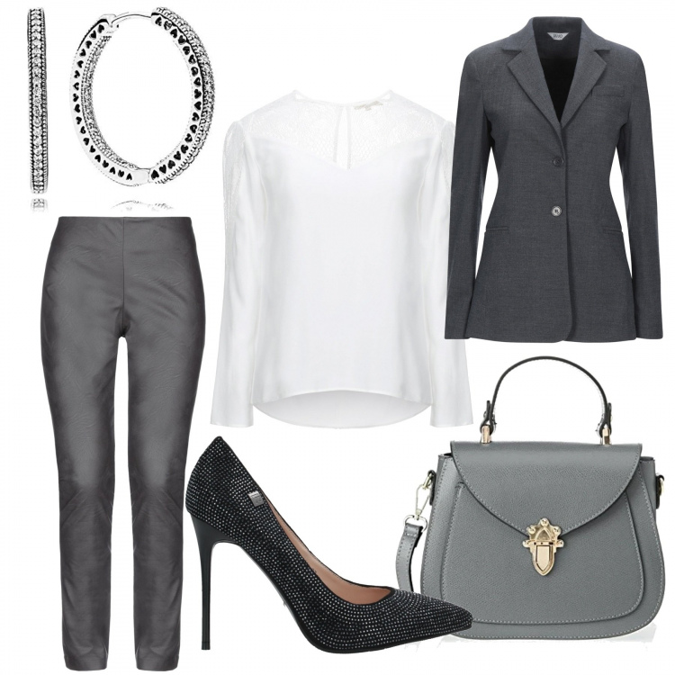 Outfit donna - Urban #23505. Stile Urban per Ufficio. Abbinamento con pantaloni, blazer, décolleté, bluse, borse a mano, orecchini.