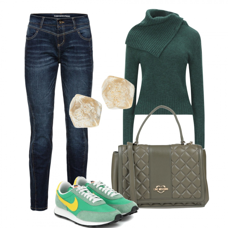Outfit donna - Scelgo il verde. Stile Trendy per Scuola/Università. Abbinamento con jeans boyfriend, pullovers, borse a mano, orecchini, sneakers.