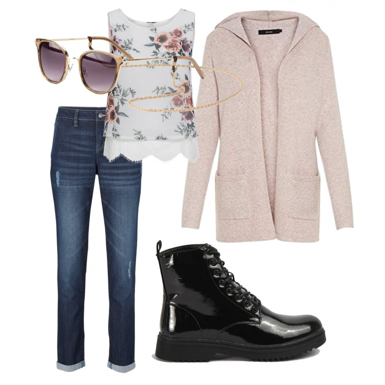 Outfit donna - Total look #719854. Abbinamento con jeans boyfriend, top, occhiali da sole, anfibi, cardigans.