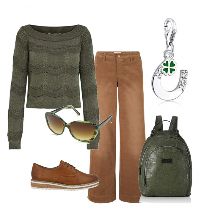 Outfit donna - Basic #36991. Stile Basic per Tutti i giorni. Abbinamento con pantaloni, pullovers, mocassini, zaini, occhiali da sole, ciondoli.