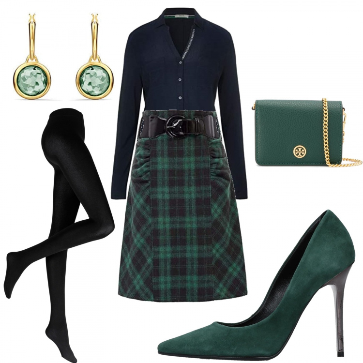 Outfit donna - Tartan che passione. Stile Bon Ton per Ufficio. Abbinamento con collant, décolleté, borse a tracolla, gonne, camicie, orecchini.