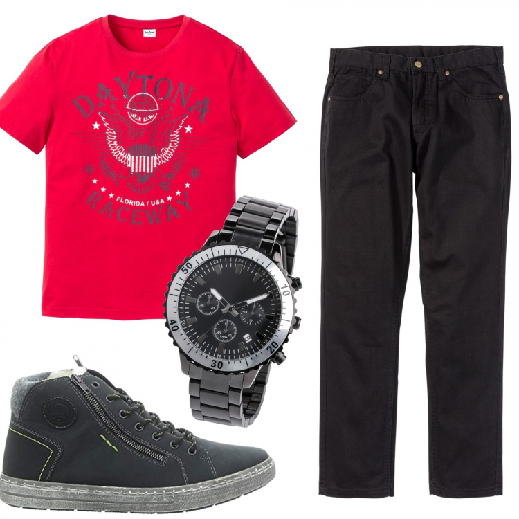 Outfit uomo - Urban #9102. Stile Urban per Tutti i giorni. Abbinamento con pantaloni, t-shirt, orologi, stivali.