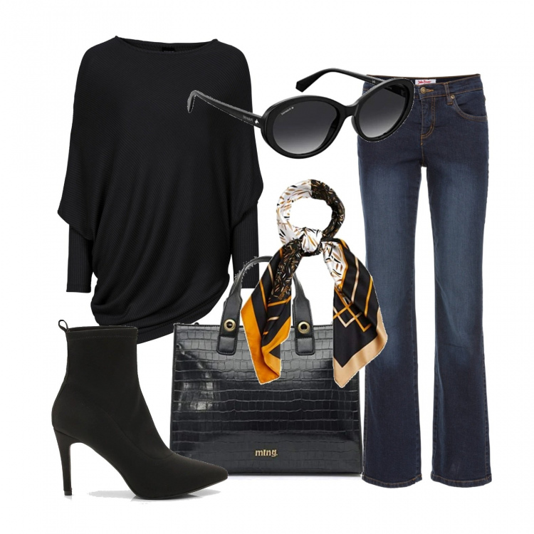 Outfit donna - Jeans e maxi maglia, ma sui tacchi. Stile Basic per Tutti i giorni. Abbinamento con maglieria, jeans dritti, stivaletti, borse a mano, sciarpe, occhiali da sole.