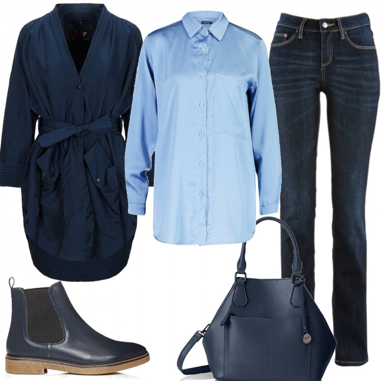 Outfit donna - Basic in the office. Stile Basic per Ufficio. Abbinamento con jeans dritti, cappotti, camicie, borse a cartella, stivaletti chelsea.