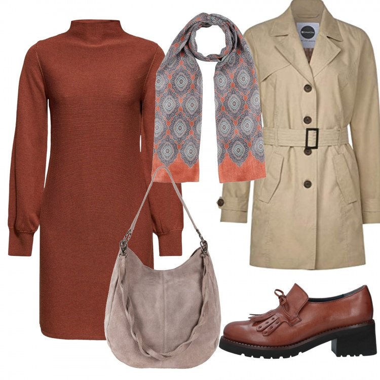 Outfit donna - Trendy #64930. Stile Trendy per Ufficio. Abbinamento con borse a mano, mocassini, stole, vestiti, trench.