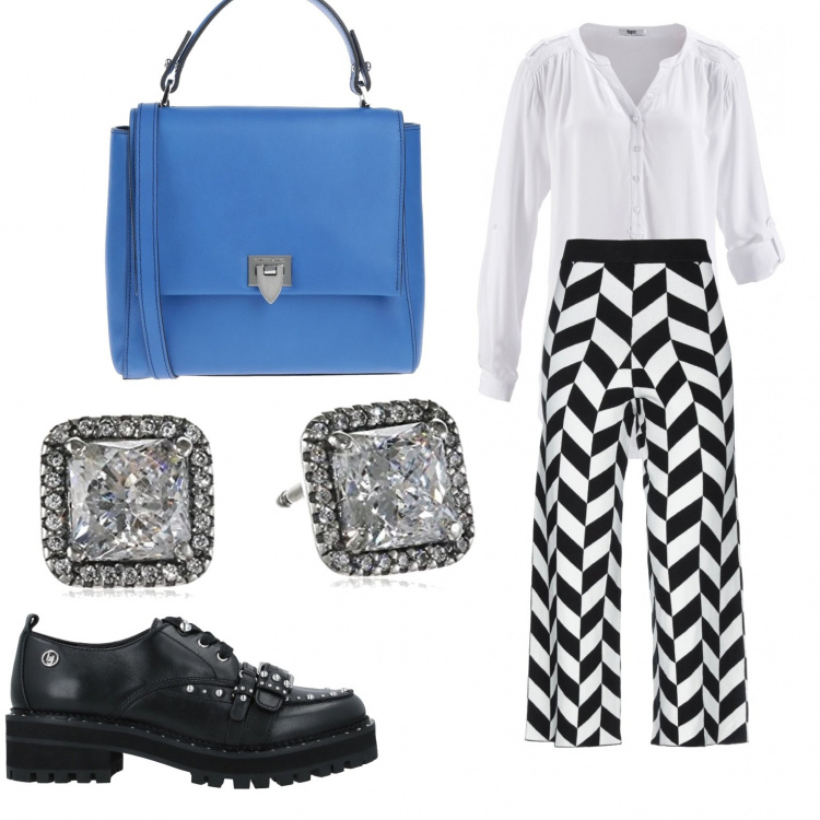 Outfit donna - In ufficio con stile. Stile Chic per Ufficio. Abbinamento con tuniche, scarpe stringate, pantaloni, borse a mano, orecchini.