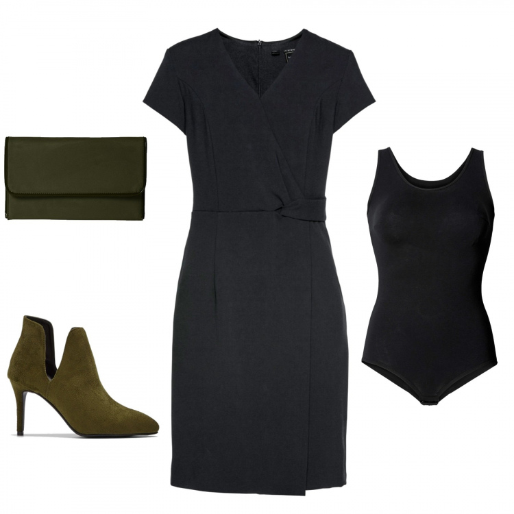 Outfit donna - Verde e nero. per Serata fuori. Abbinamento con body, vestiti a tubino, stivaletti, pochette.