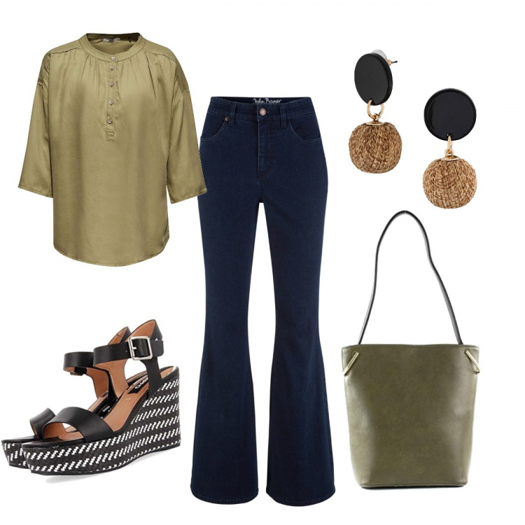 Outfit donna - Primo giorno di università. Stile Basic per Scuola/Università. Abbinamento con orecchini, jeans a zampa, bluse, borse a spalla, sandali.