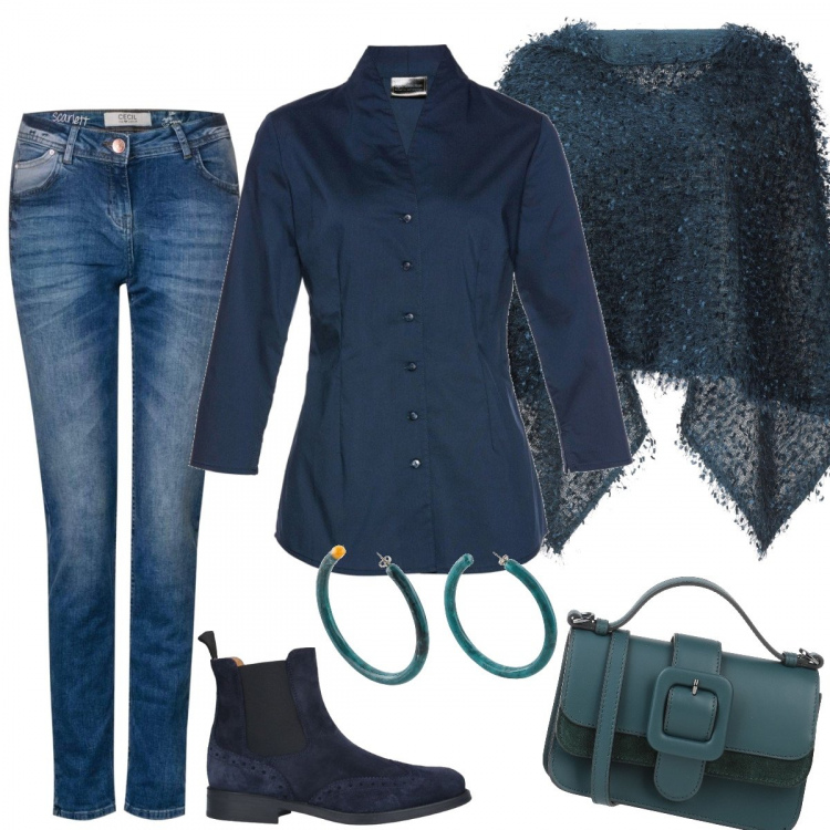 Outfit donna - Benvenuto autunno!. Stile Trendy per Tutti i giorni. Abbinamento con cappe, stivaletti, borse a mano, orecchini, camicie, jeans dritti.