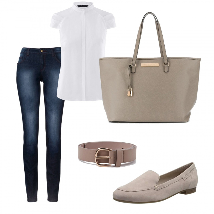 Outfit donna - Easy at office. Abbinamento con jeans skinny, cinture, shopping bag, camicie a manica corta, mocassini.