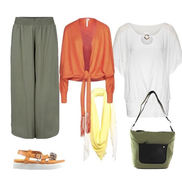 Outfit donna - Etnico #5987. Stile Etnico per Mare. Abbinamento con bluse, pantaloni culotte, sandali in pelle, cardigans, foulard, borse a spalla.