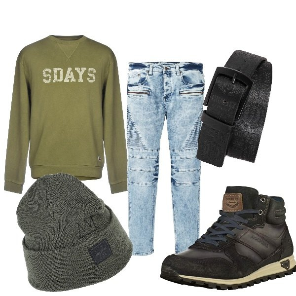 Outfit homme - Tendance. Style Tendance pour Tous les jours. Assortir avec ceintures, jean slim, sneakers hautes, sweat-shirts, chapeaux.