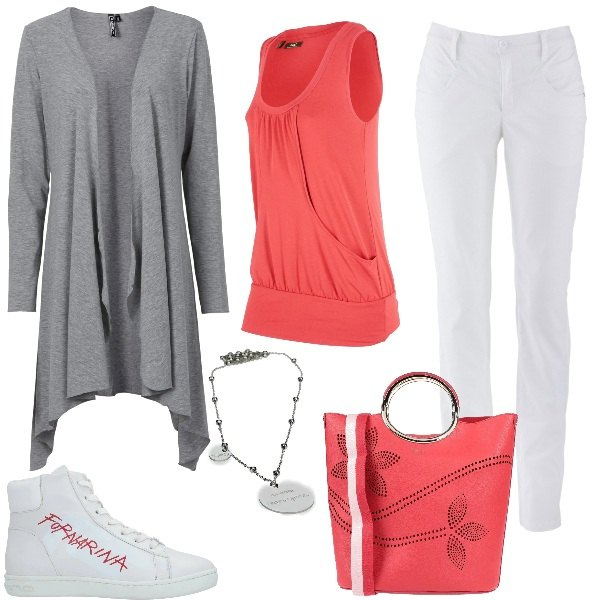 Outfit donna - Everyday, curvy. Stile Basic per Tutti i giorni. look ideale per Tall. Abbinamento con pantaloni, cardigans, top, borse a mano, sneakers alte, collane.