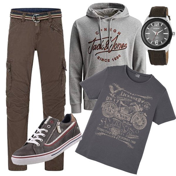 Outfit uomo - Pantalone cargo e felpa con cappuccio. Stile Casual per Tutti i giorni. Abbinamento con t-shirt, pantaloni cargo, felpe con cappuccio, orologi analogici, sneakers.