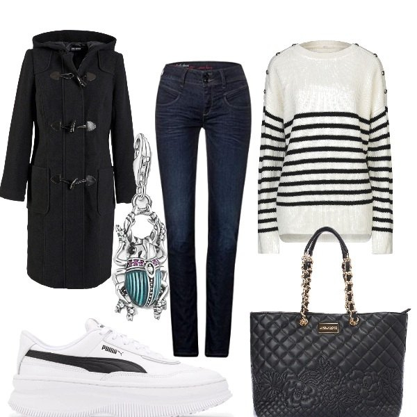 Outfit donna - Lo scarabeo portafortuna. Stile Basic per Tutti i giorni. Abbinamento con montgomery, pullovers, sneakers, shopping bag, braccialetti, jeans.