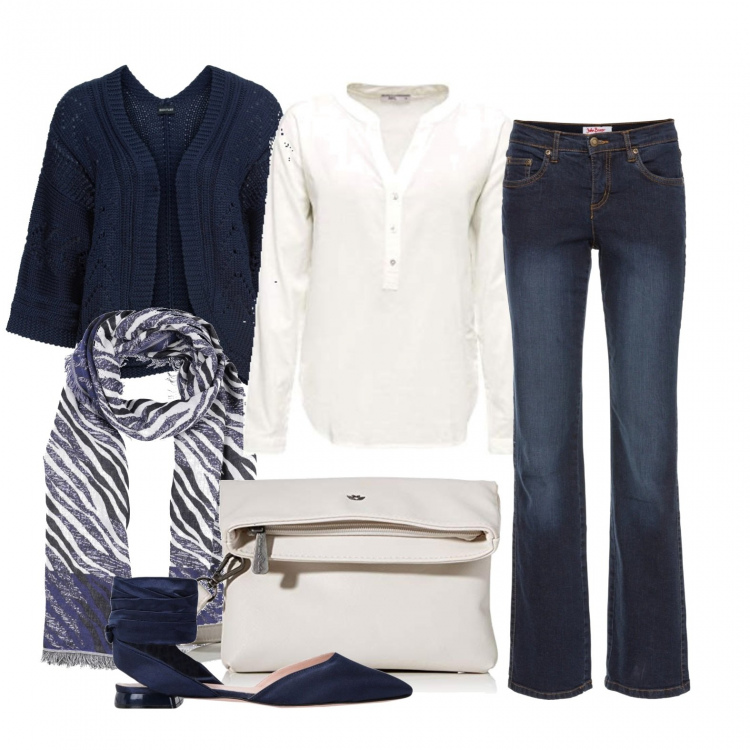 Outfit donna - Porto i bambini a scuola. Stile Basic per Tutti i giorni. Abbinamento con jeans dritti, cardigans, ballerine, stole, camicie, pochette.