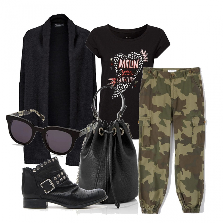 Outfit donna - Comoda comoda .... Stile Basic per Tutti i giorni. Abbinamento con cardigans, pantaloni cargo, t-shirt, borse a mano, stivaletti, occhiali da sole.