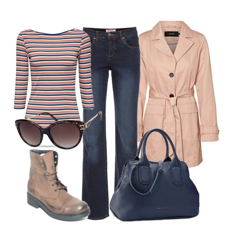 Outfit donna - Trench e jeans, autunno sia.... Stile Trendy per Tutti i giorni. Abbinamento con jeans dritti, anfibi, borse a mano, trench, t-shirt, occhiali da sole.