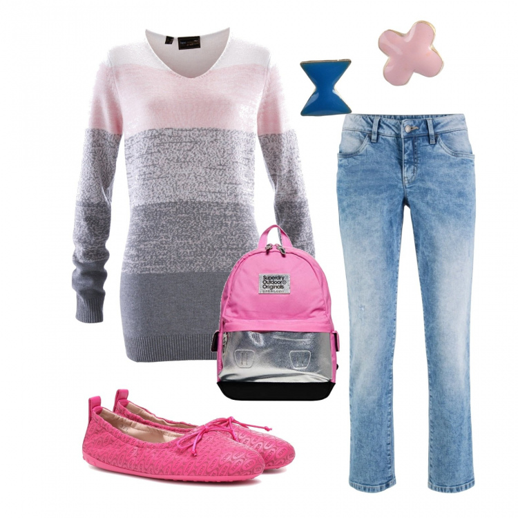 Outfit donna - Urban #23780. Stile Urban per Scuola/Università. Abbinamento con maglieria, jeans dritti, orecchini, ballerine, zaini.