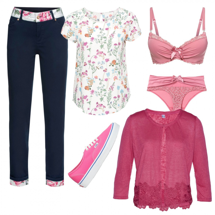 Outfit donna - Fiori di mezza stagione Curvy. Stile Trendy per Ufficio. Abbinamento con bluse, pantaloni, bolero, reggiseni, slip, sneakers.