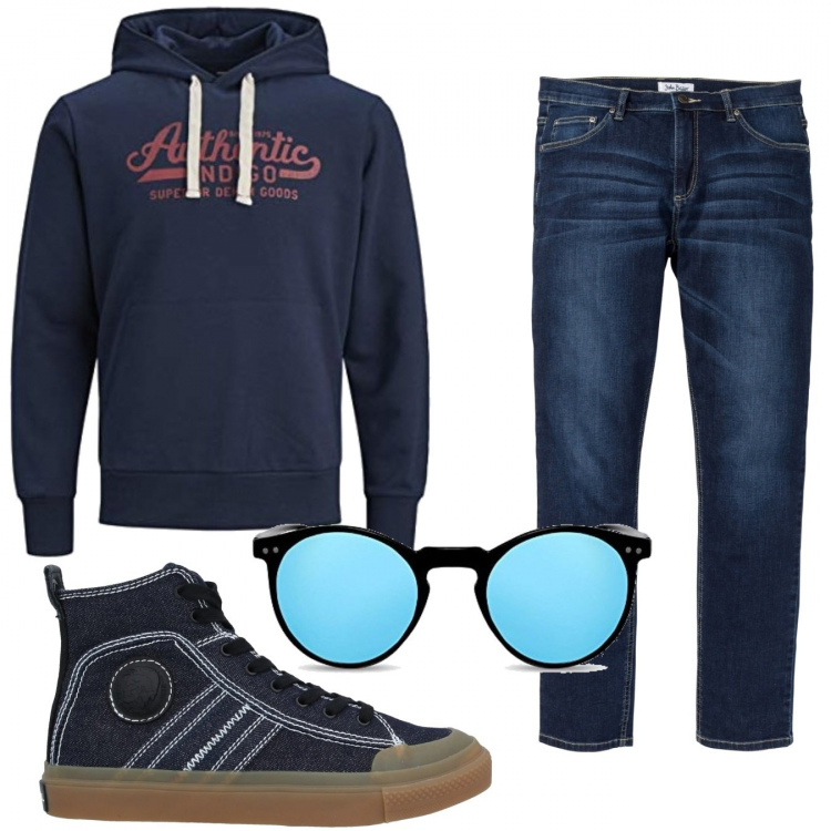 Outfit uomo - Urban #9156. Stile Urban per Tutti i giorni. Abbinamento con jeans, sneakers alte, felpe con cappuccio, occhiali da sole.