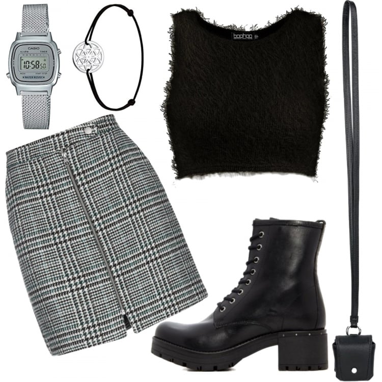 Outfit mujer - Glam grunge. Estilo Urban para Todos los días. Combinación con reloj, pulseras, botines, minifaldas, top, bolsos de mano.