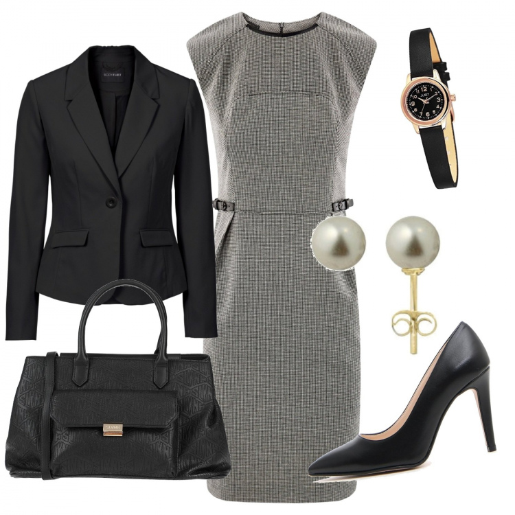 Outfit donna - La manager low-cost. Stile Bon Ton per Ufficio. Abbinamento con borse a mano, blazer, vestiti midi/longuette, décolleté, orologi, orecchini.