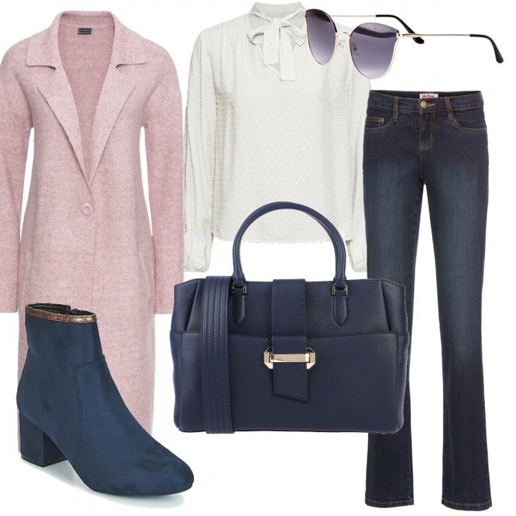 Outfit donna - Ufficio curvy. Stile Basic per Ufficio. Abbinamento con cappotti, jeans bootcut, bluse, occhiali da sole, borse a mano, stivaletti.