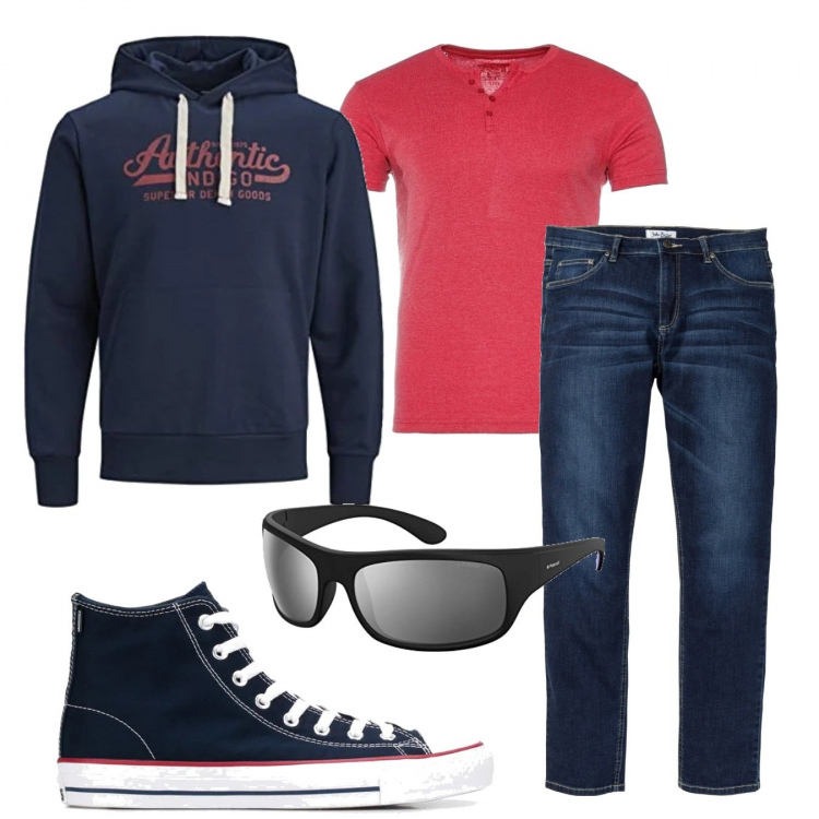 Outfit uomo - Urban #9180. Stile Urban per Tutti i giorni. Abbinamento con jeans, t-shirt, sneakers, felpe con cappuccio, occhiali da sole.