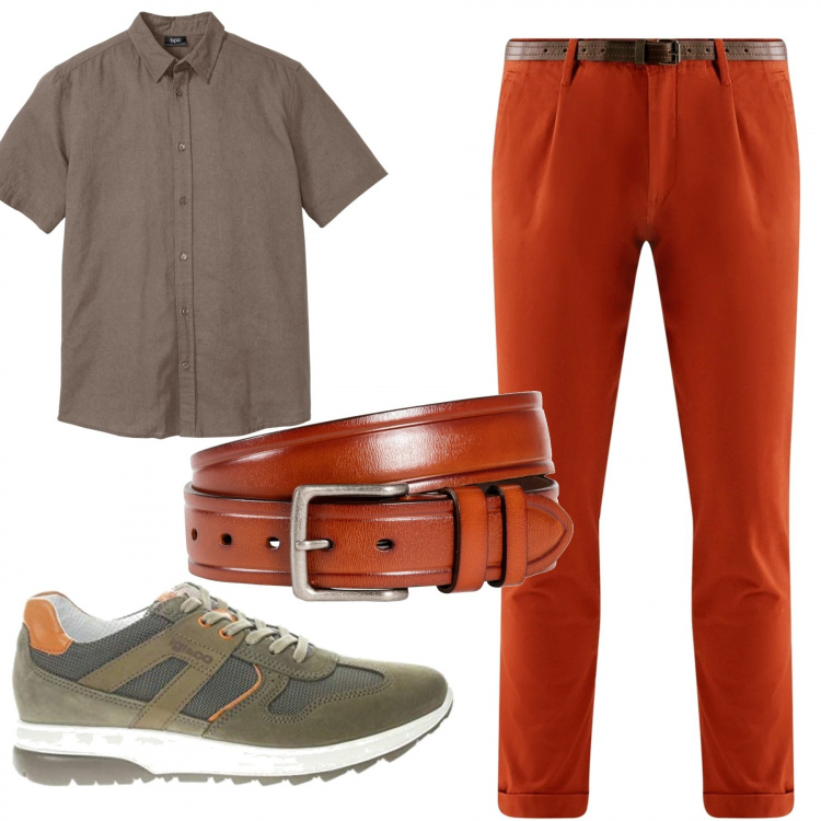 Outfit uomo - Urban #9208. Stile Urban per Tutti i giorni. Abbinamento con camicie a manica corta, cinture, pantaloni chino, sneakers.