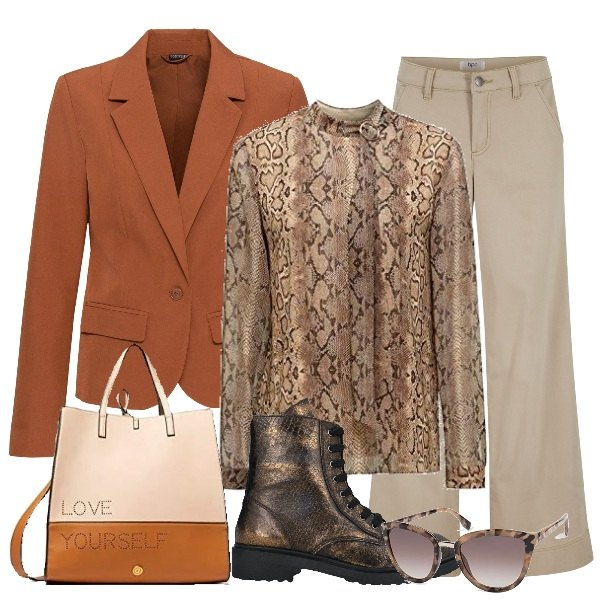 Outfit donna - Autumn plus!. Stile Urban per Ufficio. Abbinamento con pantaloni a palazzo, blazer, stivaletti, camicie, borse a mano, occhiali da sole.