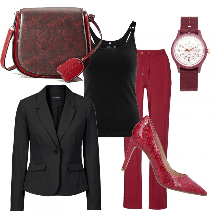 Outfit donna - Outfit da giorno.. Stile Trendy per Tutti i giorni. Abbinamento con décolleté, orologi, blazer, leggings, canottiere, borse a tracolla.