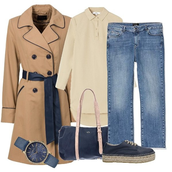 Outfit donna - Trench ed espradillas. Stile Basic per Tutti i giorni. Abbinamento con trench, sneakers, camicie, jeans a zampa, borse a spalla, orologi analogici.