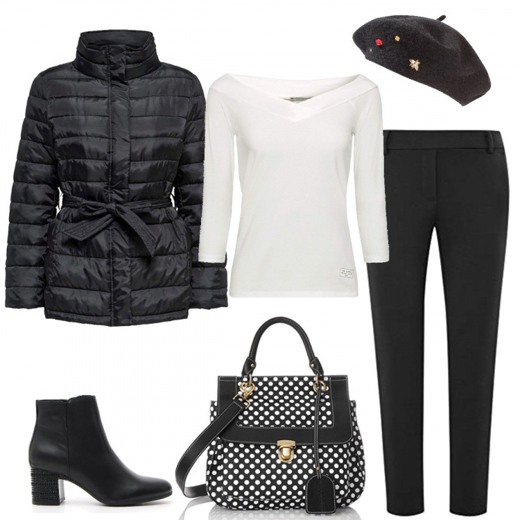 Outfit donna - Semplice e simpatica. Stile Basic per Tutti i giorni. Abbinamento con cappelli e berretti, piumini, pantaloni, pullovers, borse a spalla, stivaletti.