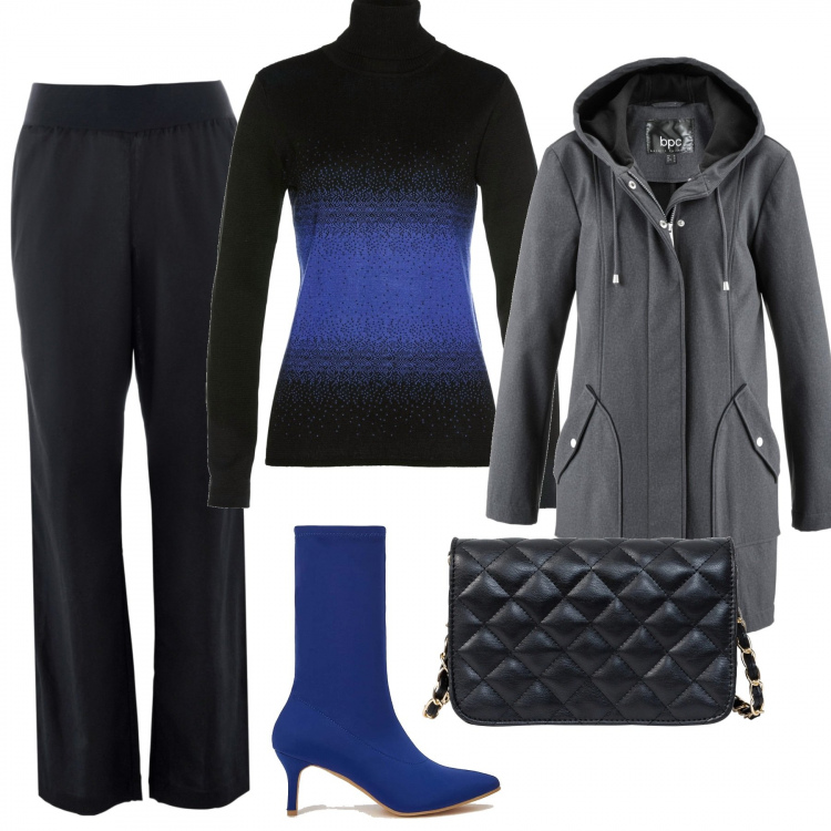 Outfit donna - Basic #37385. Stile Basic per Ufficio. Abbinamento con parka, borse a tracolla, pantaloni, maglieria, stivaletti.