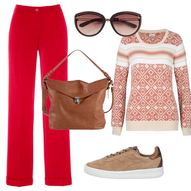 Outfit donna - Trendy #65717. Stile Trendy per Tutti i giorni. Abbinamento con pantaloni, occhiali da sole, maglioni, portafogli, sneakers.