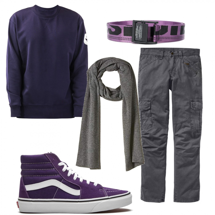 Outfit uomo - Grigio e melanzana. Stile Biker Rock per Tutti i giorni. Abbinamento con pantaloni cargo, sneakers, cinture, felpe, sciarpe.