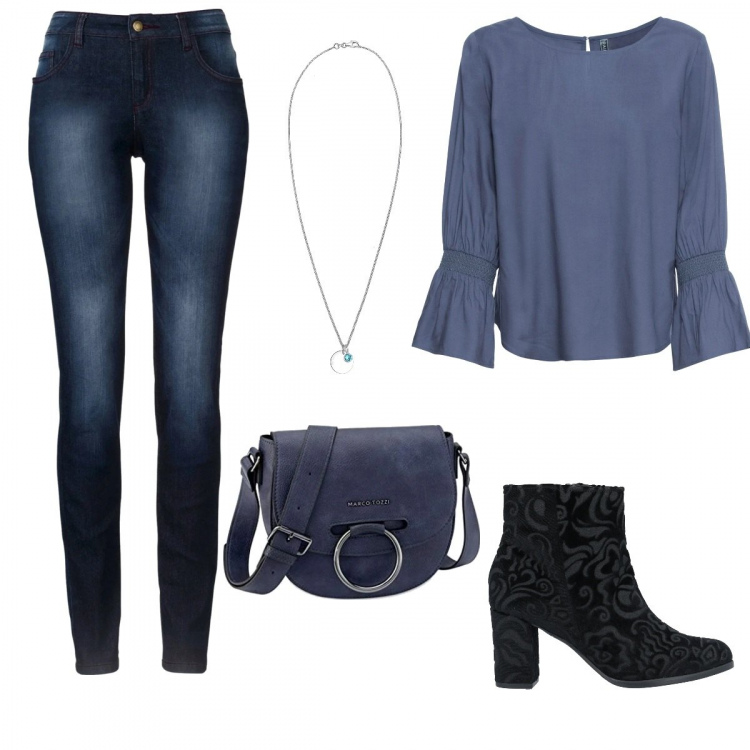 Outfit donna - Bella in blu. Stile Basic per Serata fuori. Abbinamento con jeans skinny, tuniche, stivaletti, borse a tracolla, collane.