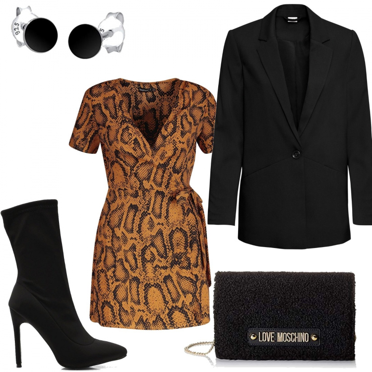 Outfit donna - Vestito e blazer. Stile Sexy per Serata fuori. Abbinamento con blazer, vestiti chemisier, stivali, pochette, orecchini.