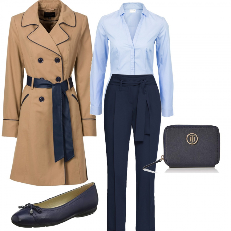 Outfit donna - Elegante ma non troppo. Stile Basic per Ufficio. Abbinamento con camicie, trench, pantaloni, ballerine, borse a spalla.