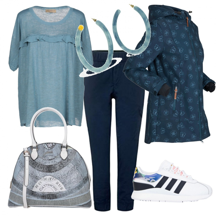 Outfit donna - Curvystyle per una passeggiata sui colli. Stile Basic per Tutti i giorni. Abbinamento con blazer, pullovers, sneakers, borse a mano, pantaloni cargo, orecchini.