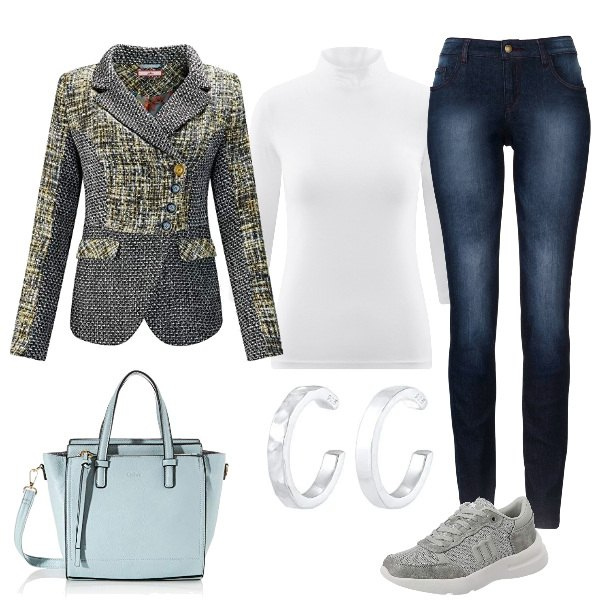 Outfit donna - Always sneakers. Stile Urban per Tutti i giorni. Abbinamento con jeans skinny, blazer, sneakers, maglieria, borse a spalla, orecchini.