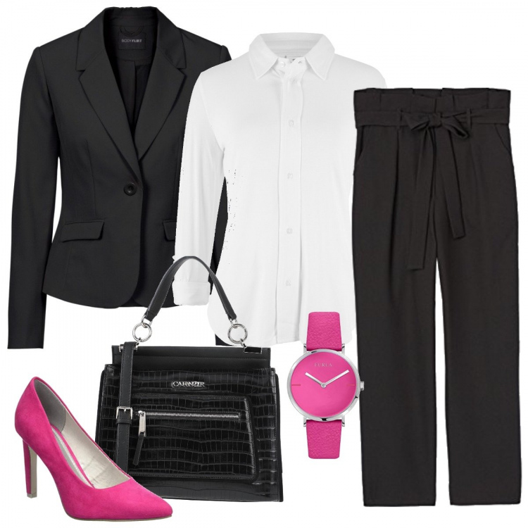 Outfit donna - Il tocco glam del fuxia. Stile Trendy per Ufficio. Abbinamento con borse a mano, blazer, pullovers, pantaloni, scarpe col tacco, orologi analogici.