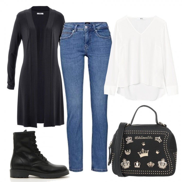 Outfit donna - Autunno basic. Stile Basic per Tutti i giorni. Abbinamento con cardigans, borse a mano, anfibi, bluse, jeans dritti.