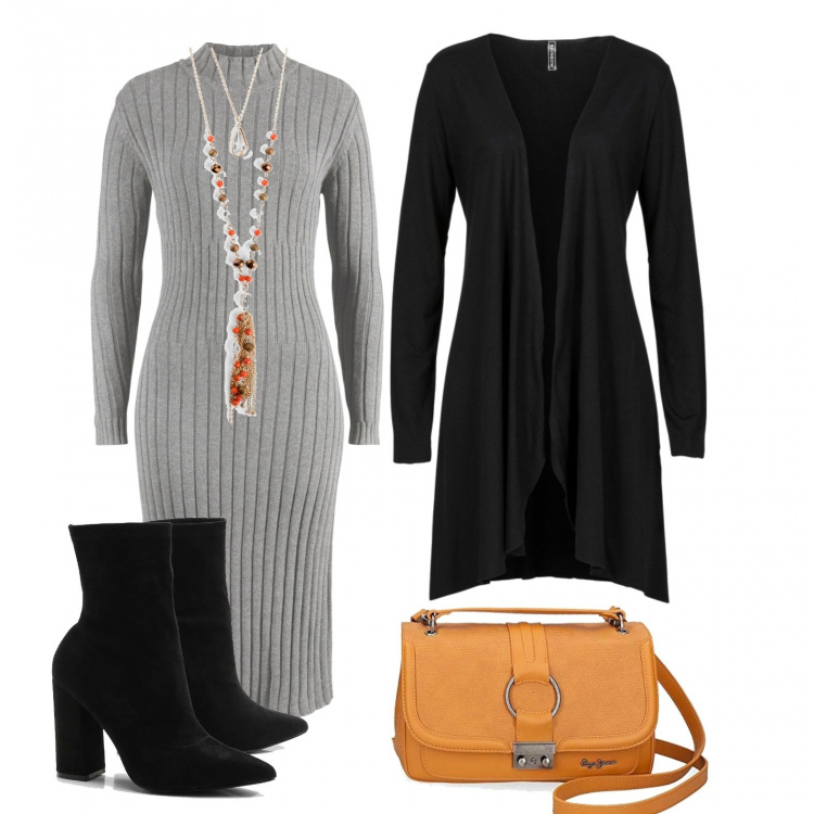 Outfit donna - Abito in maglia? Si può. Stile Basic per Tutti i giorni. Abbinamento con cardigans, trench, ciondoli, stivali, borse a mano.