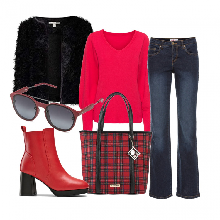 Outfit donna - Voglia di rosso. Stile Urban per Tutti i giorni. Abbinamento con jeans dritti, maglieria, stivaletti, borse a mano, bolero, occhiali da sole.